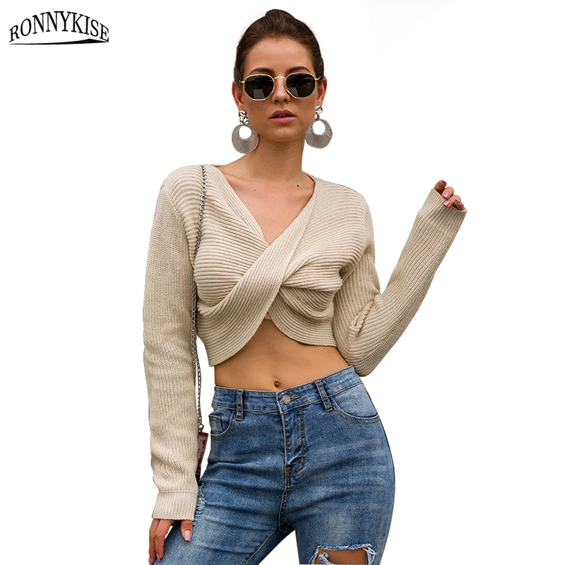 

RONNYKISE Crop Tops Knitted Sweaters Women Fashion Long sleeve Sexy V-neck Cross Pullovers Womens Casual Sweaters Short Tops