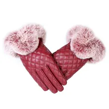 KUYOMENS Fashion Women Warm Thick Winter Gloves Leather Elegant Girls Brand Mittens Free Size With Rabbit Fur Female Gloves