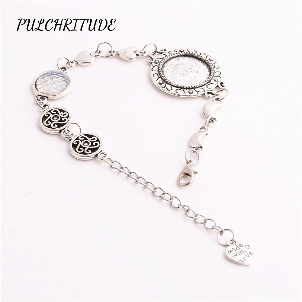PULCHRITUDE металлический сплав серебра 3 шт. рыбьей чешуи Камея браслет ручной работы Fit Круглый 18 мм Кабошон База Шарм с Луной и звездой Diy C1542