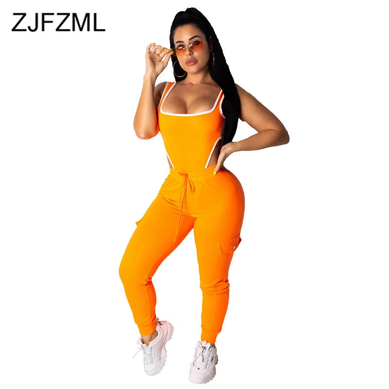 

Neon Green Orange Sexy 2 Two Piece Outfits Women Festival Clothing Beach Romper Bodysuit Top+Long Pant Matching Sets Tracksuits