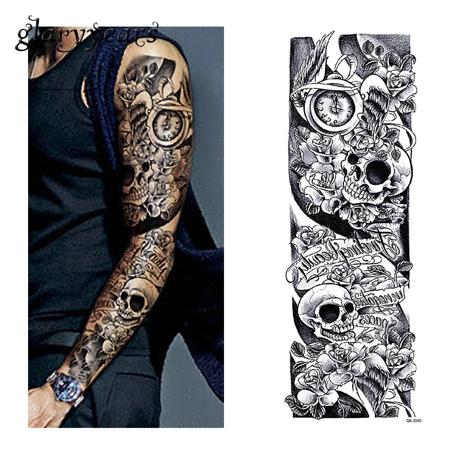 Glaryyears 3 Sheets Full Arm Tattoo Sticker Skull Clock Design Water