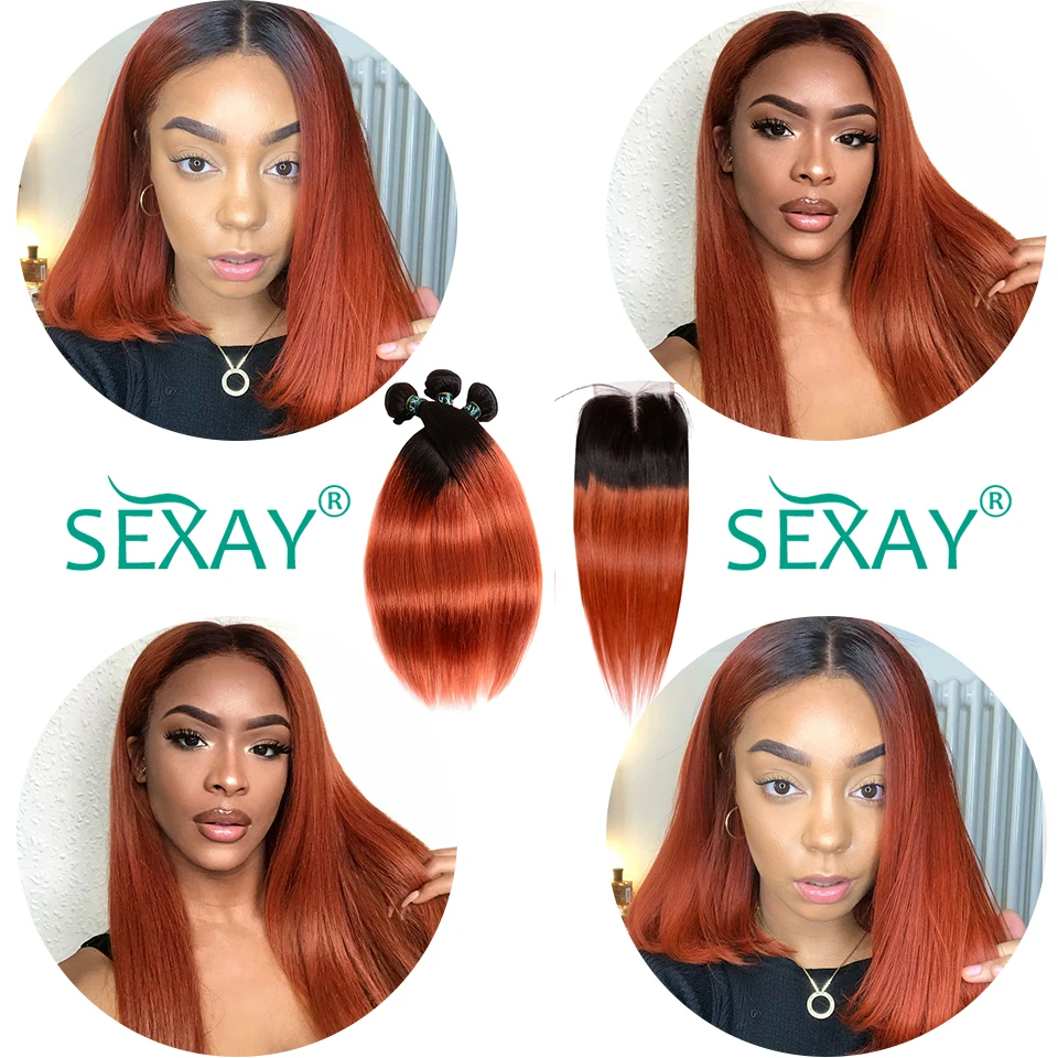 Sexay Ombre Color Hair Brazilian Straight Hair Lace Closure With Baby Hair 2 Tone 1B/350 Orange Color Hair Non Remy Lace Closure