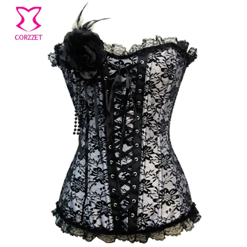 Burlesque Overbust Floral Lace Corset Gothic Clothing Corselete Feminino Bustier Sexy Korset