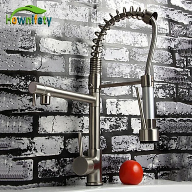 Best Offers Nickel Brushed Solid Brass Kitchen Faucet With Hot & Cold Switch Kitchen Tap Vessle Mixer Tap Dual Sprayer Pull Down Tap