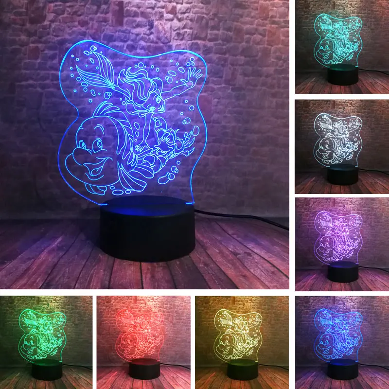 

3D Illusion Lamp LED 7 Colorful Change Light Little Mermaid Flounder and Ariel Princess Anime Figure Toys for Chilren
