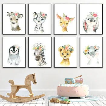 

Cute Deer Zebra Lion Rabbit Pig Flower Nordic Posters And Prints Wall Art Canvas Painting Nursery Wall Pictures Kids Room Decor
