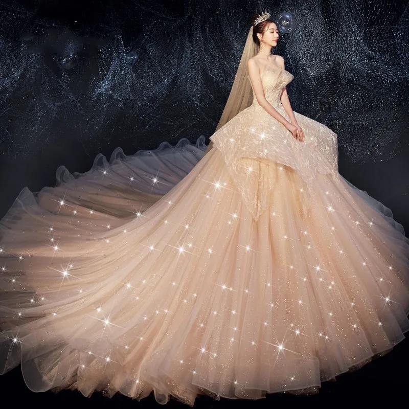 

Vivian's Bridal 2019 Starry Sky Ruched Ball Gown Wedding Dress Luxury Shiny Sequin Beading Lace Appliques Fantastic Bridal Gown