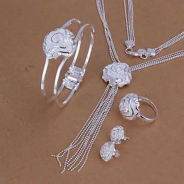 

S248 925 sterling silver jewelry set, fashion jewelry set Rose Ring Stud Earrings Bangle Necklace S248 /aniajepa gdmaouta
