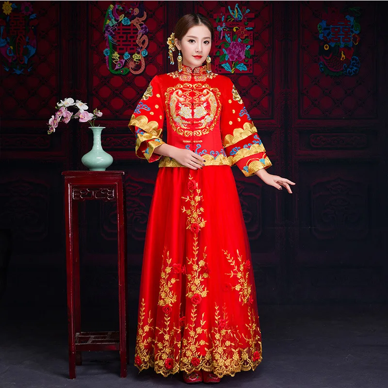 Китайский ретро воротник-стойка с вышивкой свадебный красный шоу Wo костюм свадебное платье длинные юбки новый невесты праздничный костюм