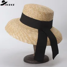Широкополый летний солнцезащитный головной убор для женщин Кентукки шляпа котелок женская соломенная шляпа черная лента плоский Топ ручной работы для отдыха пляжные шляпы