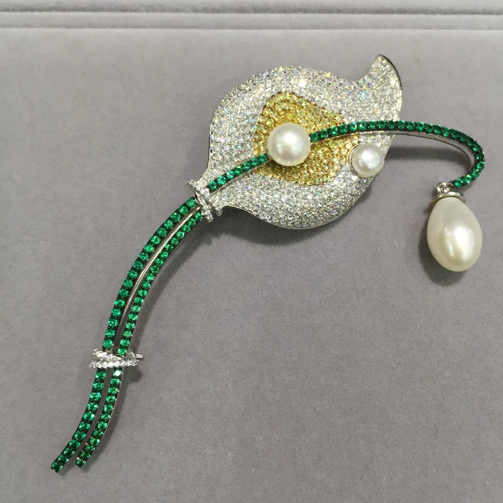 fine jewelry natural fresh water pearl brooch pins 925 sterling silver spathiphyllum kochii