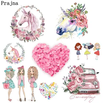 

Prajna Unicorn Rose Car Fashion Girl Heat Transfers Pvc Patch Stickers On Clothes Washable Iron Stickers Patch DIY Decoration