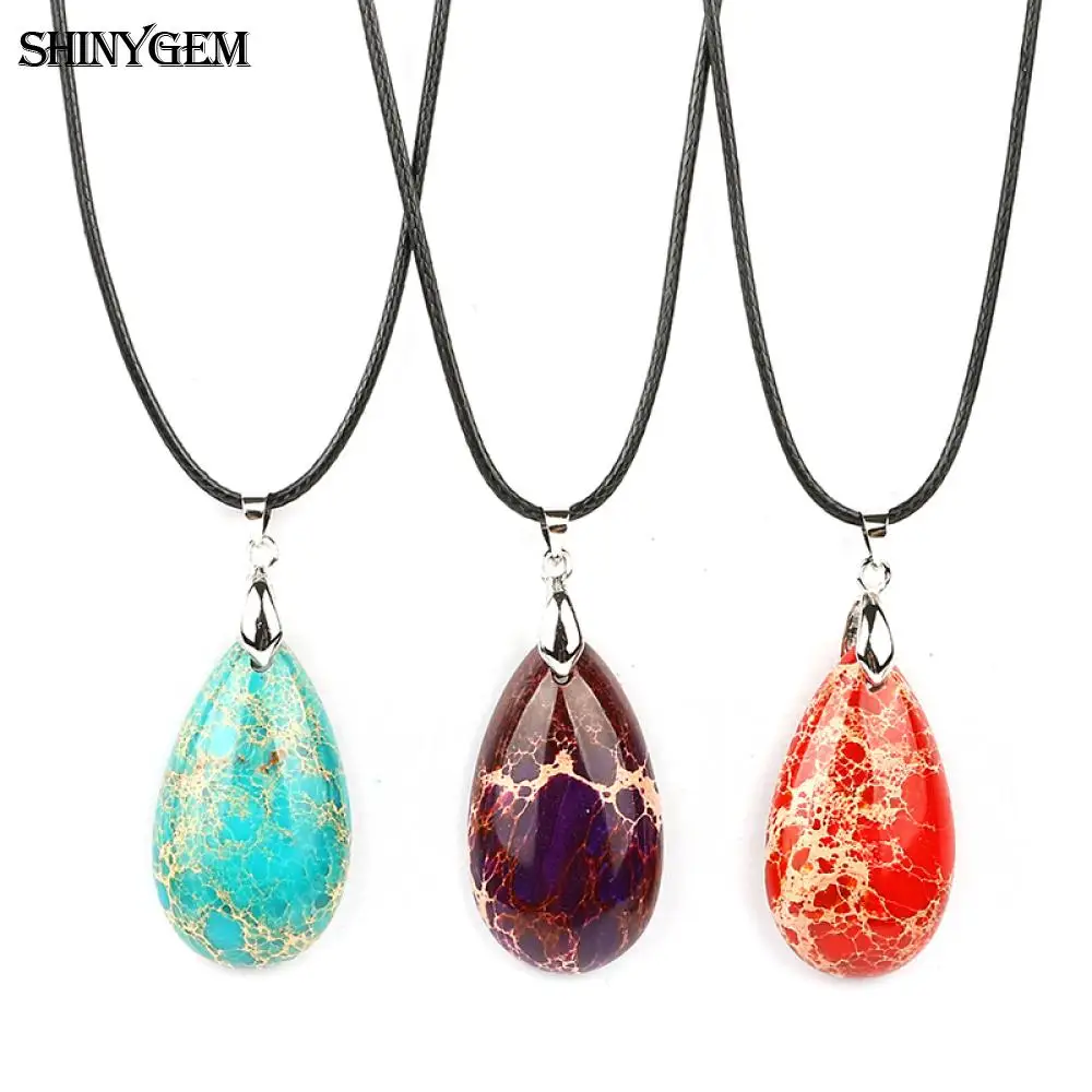 

ShinyGem Trendy Sea Sediment Jaspers Pendant Necklace Water Drop Natural Stone Necklace Black PU Leather Long Necklace For Women