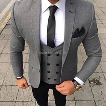 3 Piece Slim Fit Men Suits 2019 Gray Jacket Double Breasted Waistcoat Vest Black Pants Wedding Groom Tuxedos for Prom