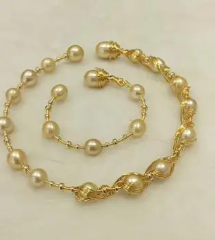 

free shipping Noble jewelry beautiful NATURAL SOUTH SEA yellow tahitian black 11-12MM 13-14mm Necklace bracelet set