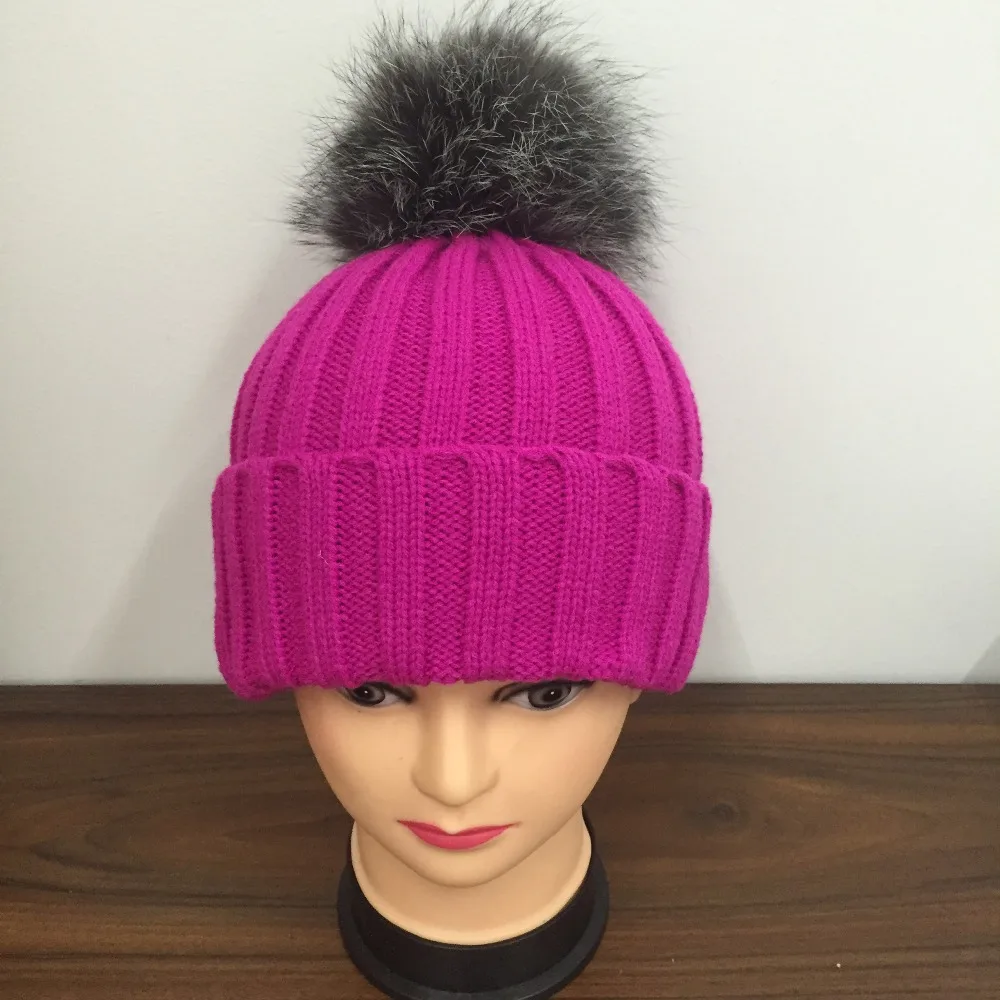 

Fashion Women's Winter Knitted Fur Beanie Hats With Real fox Fur Pompoms Caps Ear Protect Causal Fur Hats For Women DWA125