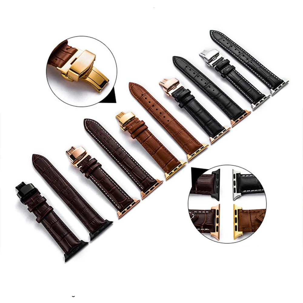 40mm 44mm Band For Apple Watch 5 4 3 iwatch 1 2 38 42mm Bracelet Straps Genuine Leather Double press butterfly clasp Wristband