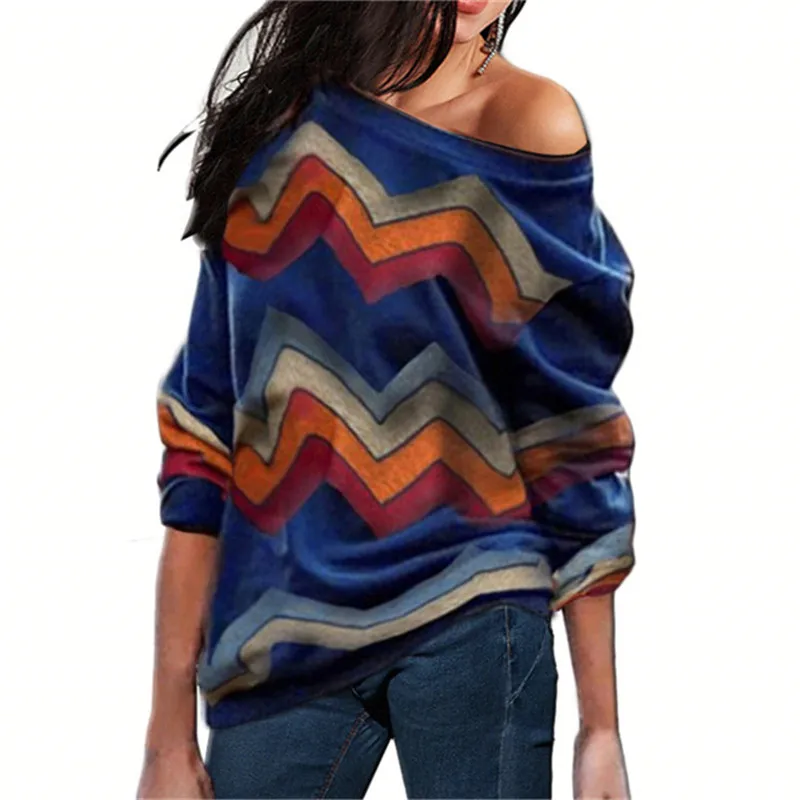 Полосатый Женский вязаный свитер с принтом, осень, Повседневный пуловер с длинным рукавом, винтажный сексуальный пуловер с открытыми плечами, топы, Mujer S-3XL