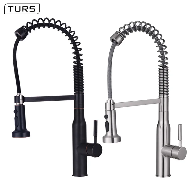 Brass Brushed nickel/Matte Black Pull Down Spring Faucet Single Level Mixer Tap 360 Rotation 2-way Pull Out Spray Kitchen Faucet