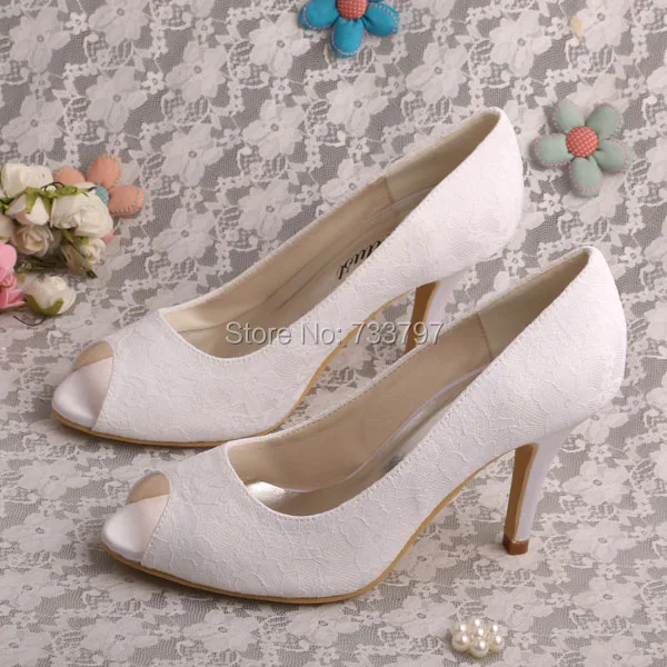 Wedopus Customize Handmade White Lace Bridal Shoes Peep Toes Dropship