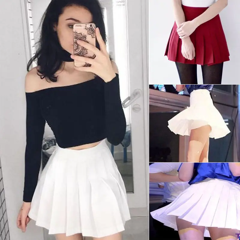 Women/'s Fashion Casual High Waist Plain Summer Pleated Short Mini Skirt