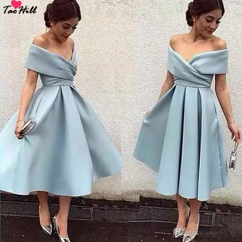 

TaoHill Elegant Style Aline Off the Shoulder Sky Blue Pleats Cocktail Party Dress Gown Tea Length