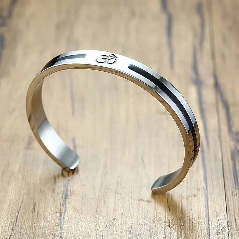 Men's OM Ohm Aum Hindu India Cuff Bangle Bracelet for Men Half Open Stainless Steel Religion Jewelry