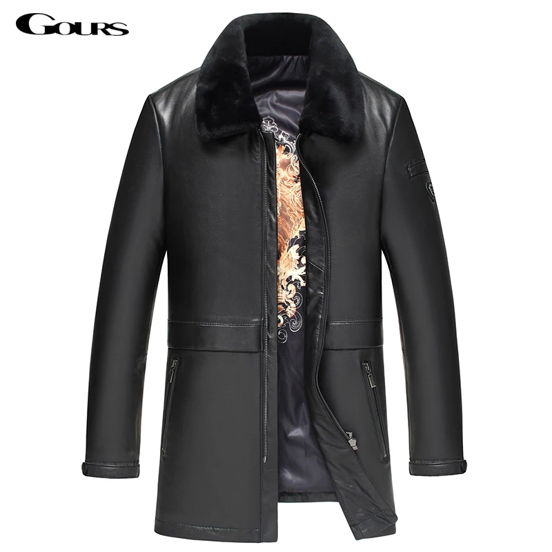 Gours Winter Genuine Leather Jackets for Men Fashion Brand Black Long Sheepskin Overcoats with Wool Collar New 4XL HS10023