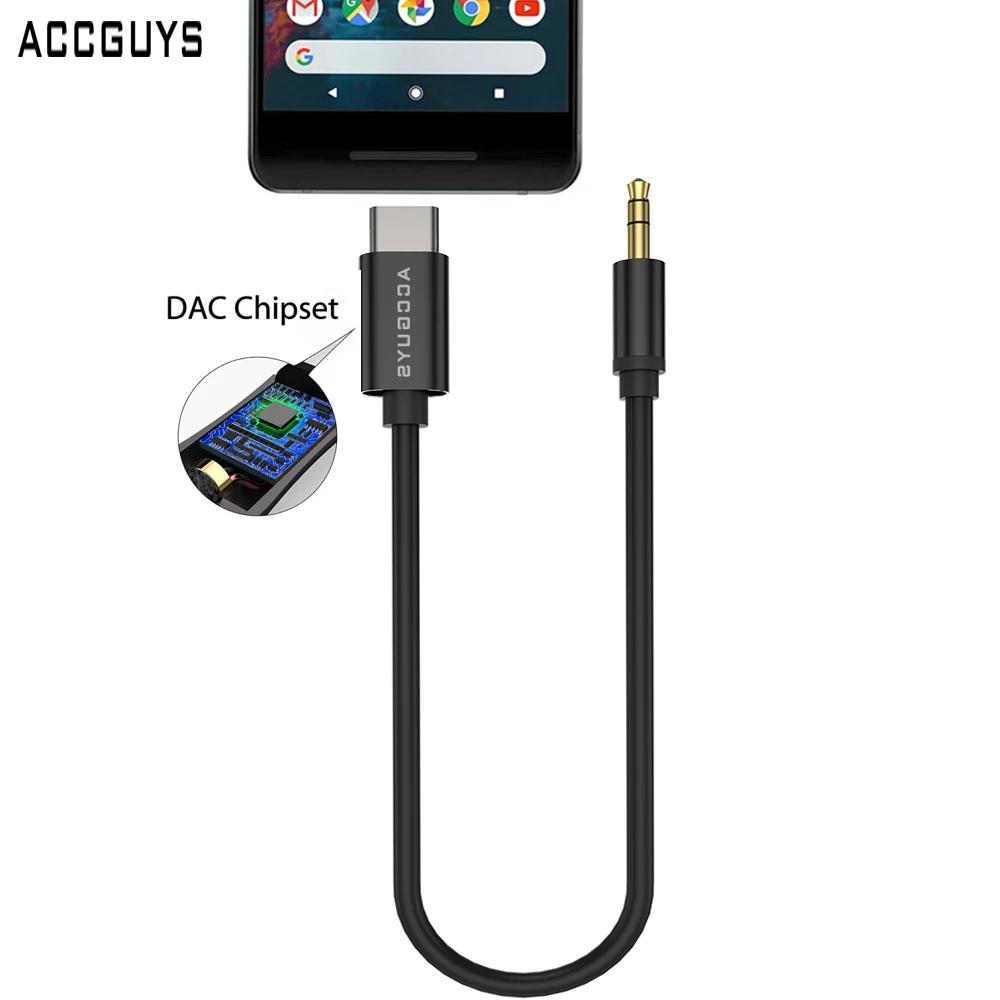 ACCGUYS usb type C Aux аудио до 3,5 мм разъем для динамика кабель адаптер ЦАП наушники с чипом шнур для гарнитуры для Xiaomi huawei htc U11 U12 - Цвет: Black