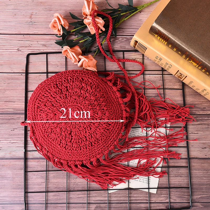 Women Round Tassel Straw Bag Crossbody Bag Summer Woven Messenger Bags Lady Handmade Woven Rattan Handbag