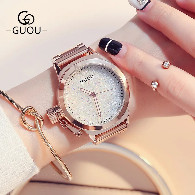 

GUOU Brand Rose Gold Bling Full Stainless Steel Quartz Bracelet Wrist Watch Wristwatches No Fade Japan Movt OP001