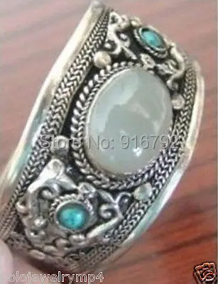 

free P&P HU632 >>New Ethnic Carved White stone Tibet Silver stone Adjustable Open Bangle