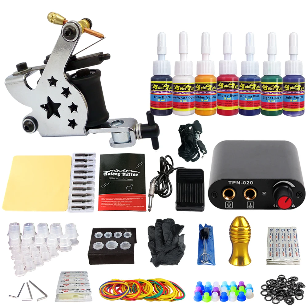 

Stigma 2018 New Style Tattoo Kit Complete 1 Coil Tattoo Machine Power Supply Needle Grips tip 7 color ink set TK105-44
