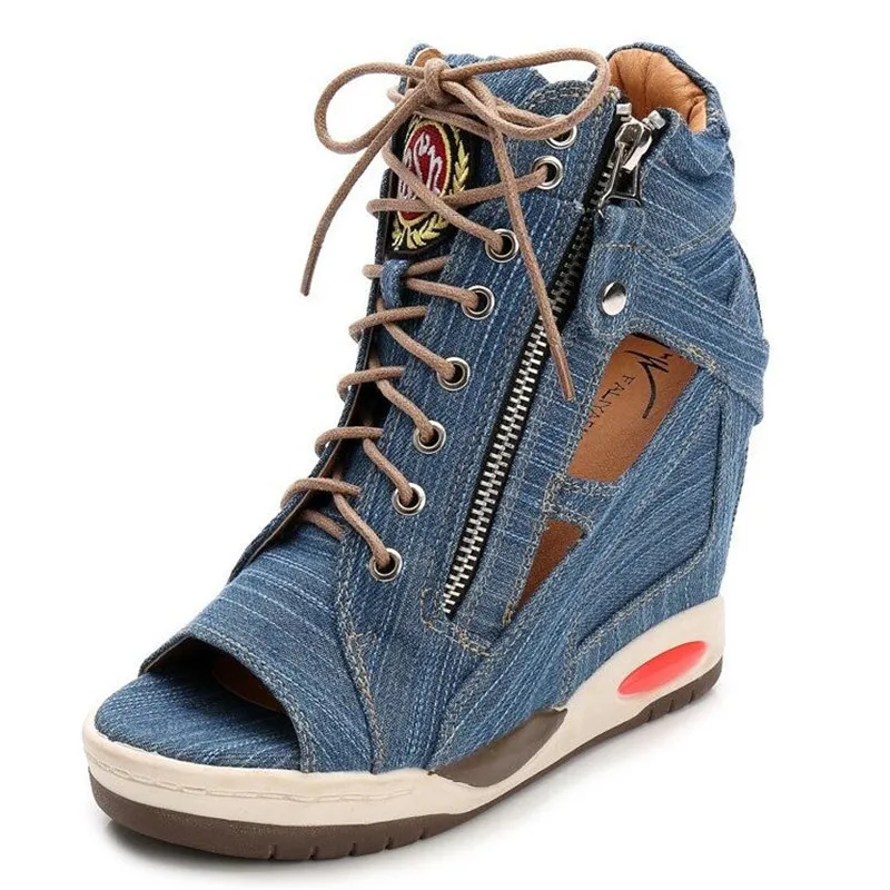 

New Women Sandals Hollow Out Denim Sandals Wedges Heels Women Casual Shoes Ladies High Heels Sandals Peep Toe Female Shoes