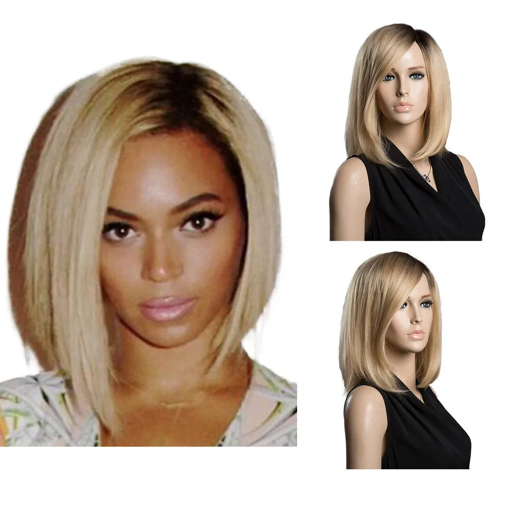 

Synthetic Wig Gold 1pc human hair wig Natural Gradient Medium Length Straight Hair 14 Inch women's wigs 1015