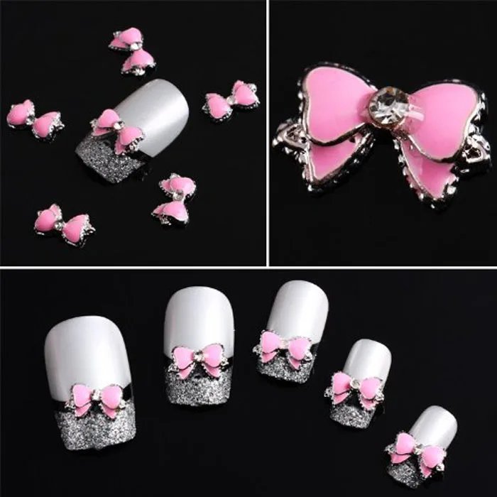 

High Quality New Design Nail Art 10PCS Pink 3D Rhinestone Nail Art Cute Bow Tie Slice DIY Decoration