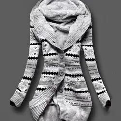Для женщин зимние толстые с капюшоном кардиганы Джемперы флис теплые однотонные свободные трикотажные пальто Вязаные изделия с длинными