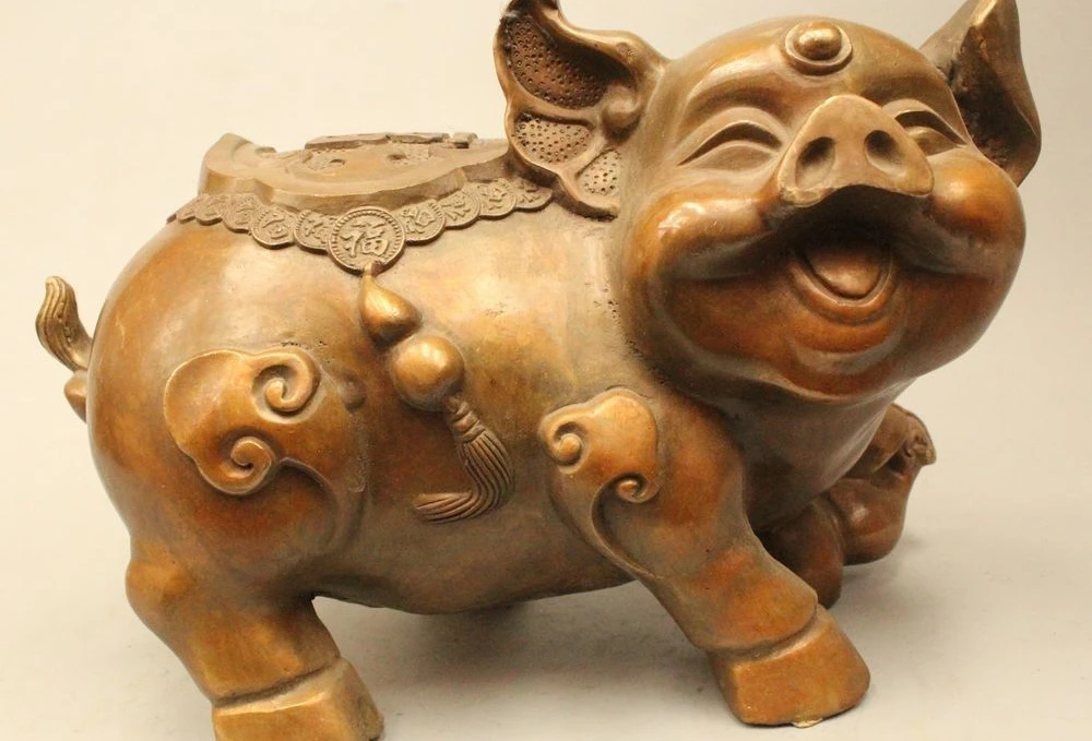 

8" Lucky China Chinese Folk Fengshui Bronze Money Wealth Zodiac Year Pig Statue