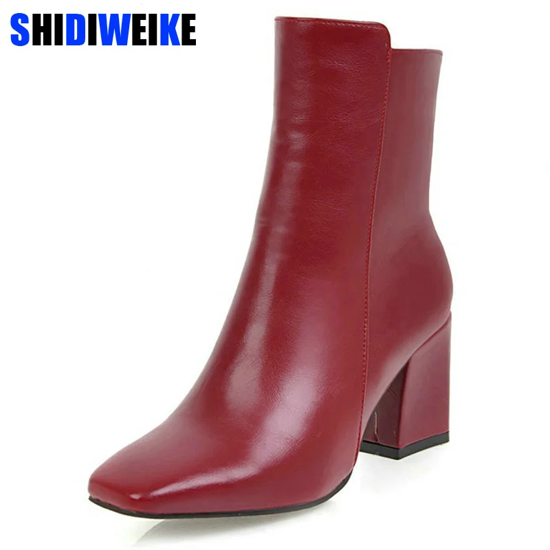 Achat SHIDIWEIKE Femmes Glissière Latérale Confortable Carré Talon Cheville Bottes De Mode Bout Carré Garder Au Chaud Hiver Chaussures Noir Rouge Blanc M281