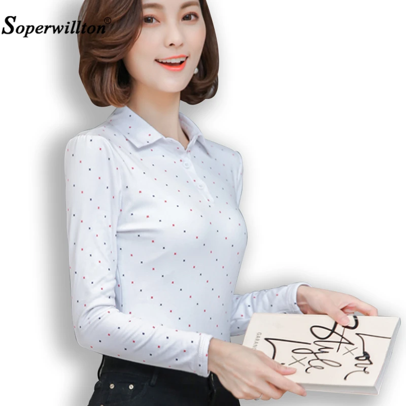 Свободные большие размеры, S-3XL осень-зима женская рубашка-поло с длинными рукавами Топ Поло рубашка повседневные рубашки в горошек для девочек футболки-поло