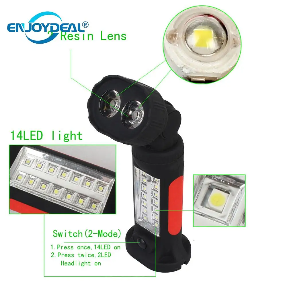 

Portable 14 LED 2x3W Flashlight Torch 360 Rotation Hook Work Lantern Camping Hanging Tent Lamp Light AAA Battery Night Light