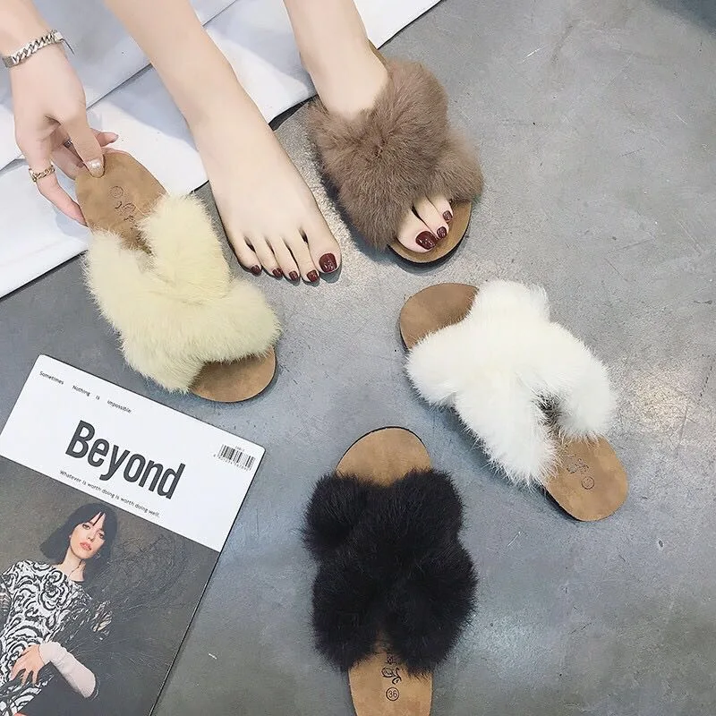 

Fur Furry Outside Home Slippers Flats Warm Women Shoes Spring Summer Ladies Cute Plush Fluffy Indoor Casual Sweet