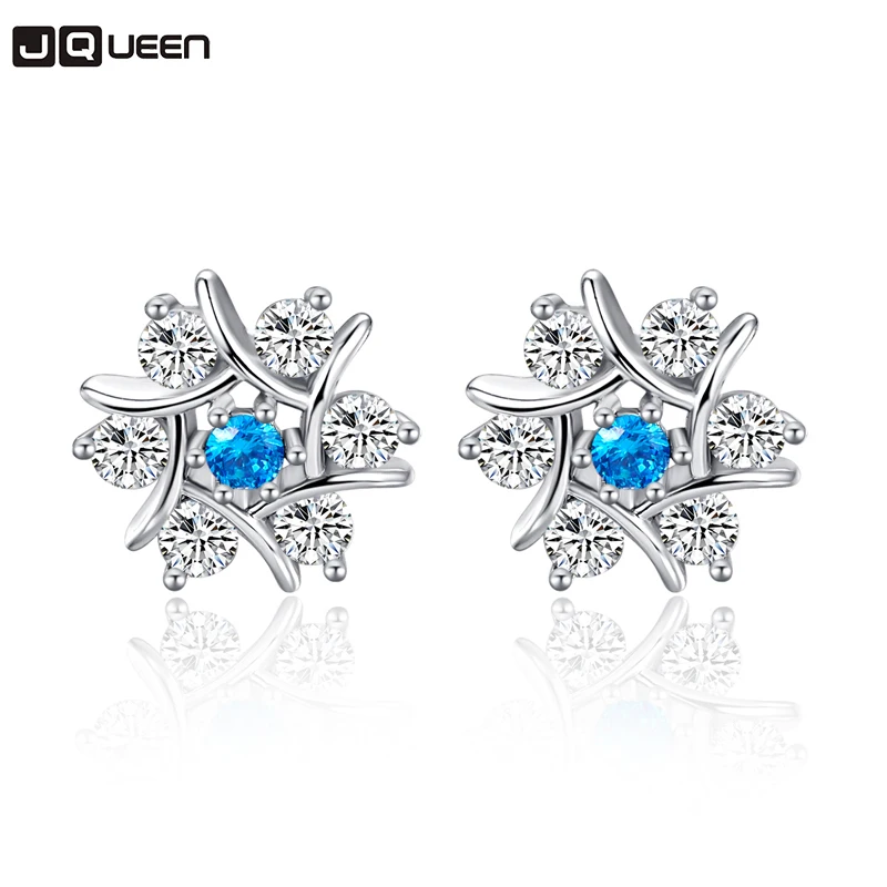 

JQUEEN White Crystal Snow 925 Sterling Silver Earrings Blue Stone Ear Studs Oorbellen Woman Wedding Jewelry Gift