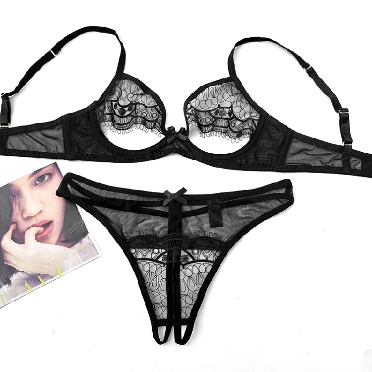 

Black Romantic Sparking Underwear Sexy Seduction Hollow Out Eyelashes Lace Underwire Ultra-thin Bra Open Crotch Panty Suit