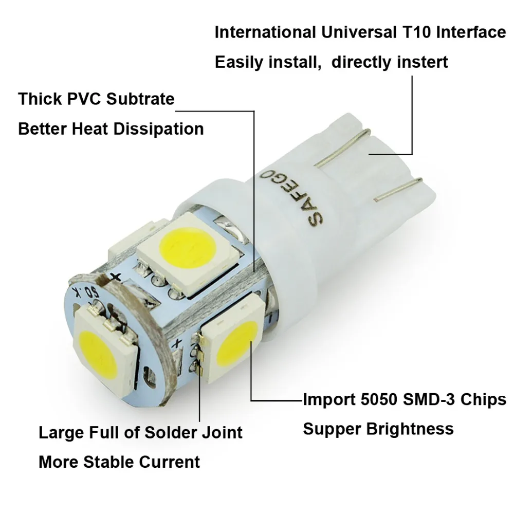 Safego 100 шт. W5W T10 светодиодные лампы 5 SMD 194 168 2825 салона просвет Клин Огни T10 W5W SMD LED 5050 авто лампы накаливания 12 В