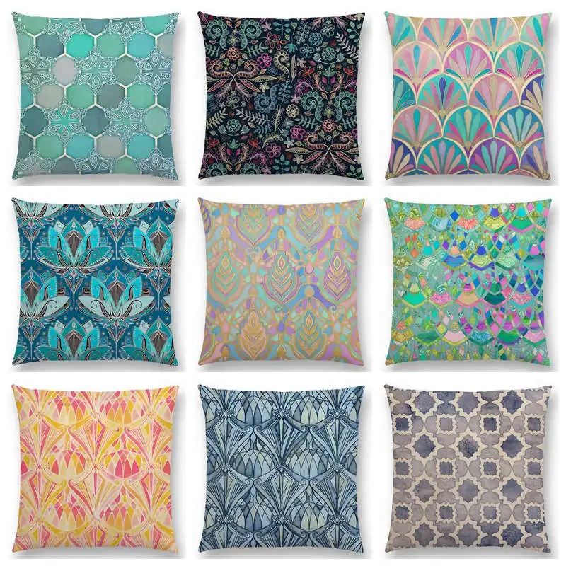 

Hot Sale Art Decor Fresco Mediterranean Pattern Lotus Watercolor Patchwork Gorgeous Frosting Geometry Cushion Sofa Throw Pillow