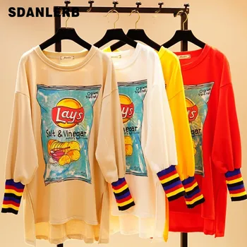 

Spring Big Code Medium Long Tshirt Student Girls Round Neck Long Sleeve Irregular Pullover Shirt Tops Women Long T