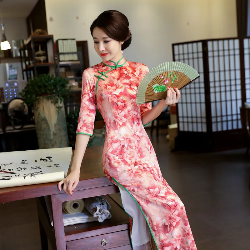 Двухслойное вискозное женское платье в китайском стиле, тонкое длинное винтажное платье Чонсам с воротником-стойкой и цветком, половинное
