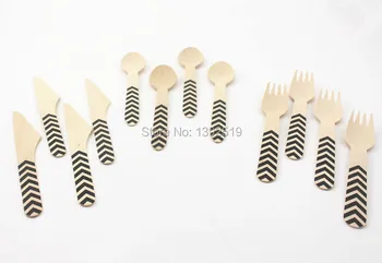 

Free Shipping 144pcs Wooden Cutlery Birch Wood Black crow's-feet Design Mix of Spoon Fork Knife in OPP Packaging