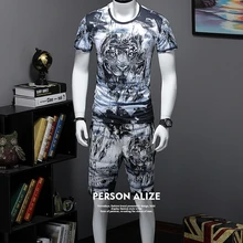 Ледяной хлопковый спортивный костюм с короткими рукавами, мужской летний костюм для отдыха, летний костюм из двух предметов, F985